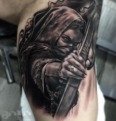 Female archer Archer Tattoo Design, Side Of Forearm Tattoo, Warrior Tattoo Ideas, Tattoos Arm Mann, Tato 3d, Female Warrior Tattoo, Cool Arm Tattoos