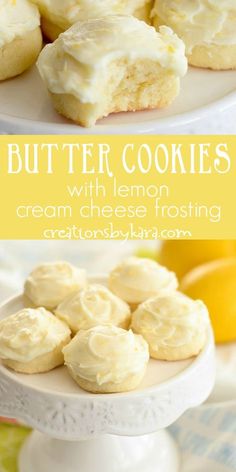 butter cookies with lemon cream cheese frosting on a white cake plate and yellow background