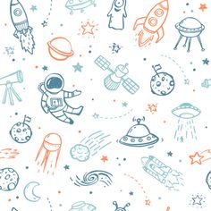 an image of space related items in blue and orange on a white background stock photo