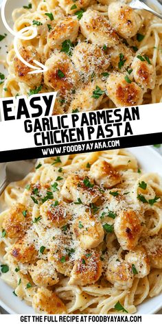 two plates of pasta with parmesan chicken and parsley on top, the same plate