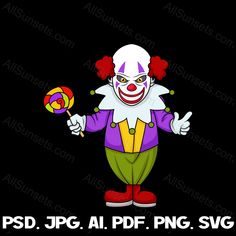 the clown is holding a lollipop in his hand