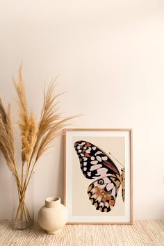 an image of a butterfly on the wall next to a vase with grass in it