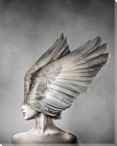 a woman's head with large wings on top of it, in front of a gray background