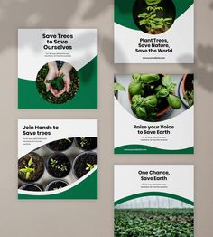 four square brochures with images of plants and hands holding seedlings in them