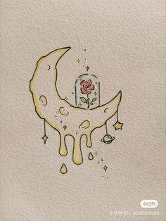 a drawing of a crescent moon with a rose on it