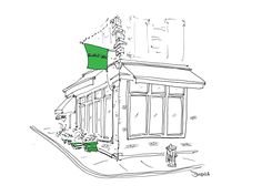 a drawing of a building with a green flag on the corner and a fire hydrant in front