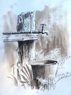 an artistic drawing of a sink and tub