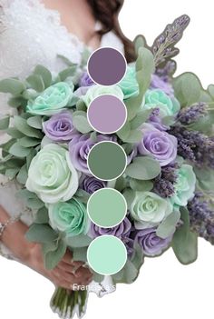 a bride holding a wedding bouquet with purple and mint green flowers, greenery and lavender hues