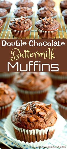 double chocolate buttermik muffins on a cooling rack with text overlay