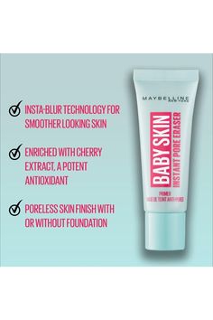 Blurs pores in an instant leaving a smooth matte finish for a polished baby-soft skin. Non-comedogenic clear face makeup primer preps for makeup application and leaves skin moisturized for an all-day light feel. Apply with fingertips to help smooth out fine lines, wrinkles or large pores. Baby Skin Primer, Maybelline Baby Skin, Poreless Skin, Pore Eraser, Matte Primer, Baby Soft Skin, Clear Face, Skin Pores, Large Pores