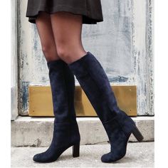 Navy Riding Boots, Luxury Chic Blue Boots, Navy Blue Boots Knee High Size 10, Luxury Chic Knee-high Heeled Boots, Navy Tall Boots, Luxury Blue Women's Boots, Chic Luxury Leather Boots, Luxury Blue Classic Heels, Luxury Black Booties For Winter