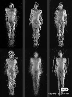 four different images of the same person in black and white, with water on them