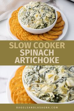 spinach artichoke dip in a white bowl surrounded by crackers