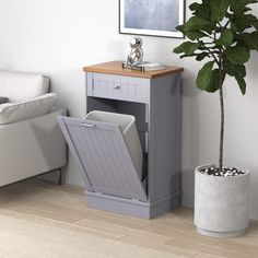 a blue cabinet with an open door next to a potted plant on the floor