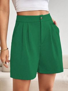 Women's Solid Color Front Button Pocket Simple Shorts, Casual Daily Wear Army Green Casual   Woven Fabric Plain Straight Leg Slight Stretch  Women Clothing, size features are:Bust: ,Length: ,Sleeve Length: Dress Shorts, Women Shorts, Shorts Casual, Tapered Pants, Womens Dress, Kids Beachwear, Maternity Bag, All Fashion, Women Clothing