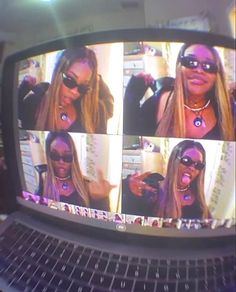 a laptop computer with four images of women on the screen and one is wearing sunglasses