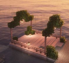 a dock with trees and lanterns on it