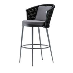 a black wicker bar stool with grey cushion and backrests on an isolated white background