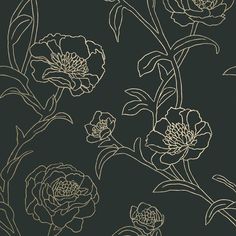 a black and gold floral wallpaper with white outline flowers on a dark green background