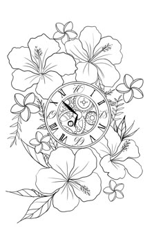 a clock surrounded by flowers on a white background