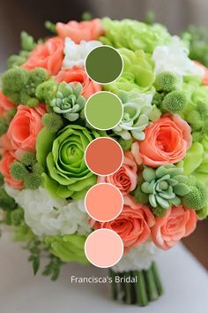 a bridal bouquet with orange, green and white flowers