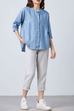 "Indulge in luxury and sophistication with our Blue Linen Button Up Shirt. Crafted from exquisite linen, this casual shirt exudes elegance and comfort. The oversized fit and classic button-up design make it a versatile addition to any wardrobe. Treat yourself or surprise her with this perfect gift. ★★FEATURES 100% linen shirt Round Shirt Collar Women's linen shirt Linen Button Down Shirt Half-sleeve shirt Pleated back Side split Soft and comfortable linen shirt Loose fit linen shirt Oversized li Blue Linen Button Down Shirt Women, Blue Linen Shirt For Daywear, Blue Linen Shirt With Pockets, Casual Light Blue Linen Shirt, Light Blue Linen Button-up Shirt, Blue Linen Shirt, Oversized Linen Shirt, Linen Shirts Women, Half Sleeve Shirts