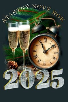 two glasses of champagne next to an alarm clock and pine tree with new year's eve message