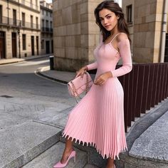 Lasaky - Pleated Midi Sweater Dress with Ribbed Long Sleeves and High Neck - Pink Dress For Church, Pink Sweater Dress, Pleated Knit, Sukienki Plus Size, Calf Sleeve, Long Knitted Dress, Women Sweaters Winter, Detachable Collar, Long Sleeve Knit Dress