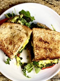 a white plate topped with a cut in half sandwich