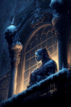 a man standing on top of a balcony next to snow covered walls and windows in the night