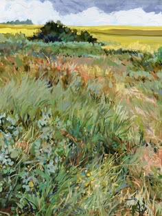 an oil painting of grass and flowers in a field