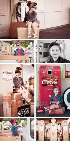 a collage of photos with two children and coca - cola machines