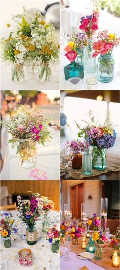 several pictures of different vases with flowers in them and candles on the table next to each other