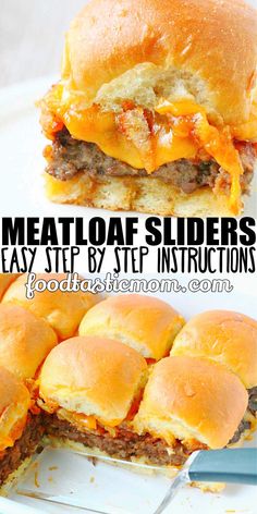 the steps to make meatloaf sliders are shown in this collage with text overlay