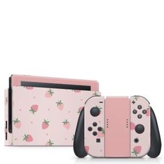 two nintendo wii game controllers in pink with strawberries on the front and back sides