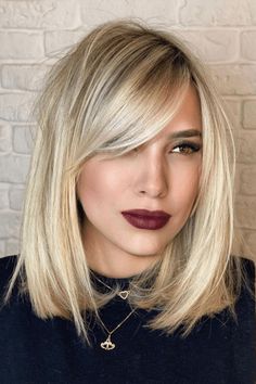 This fashionable hairstyle features a layered cut with a dynamic side-swept fringe that gently grazes the cheek, adding a soft, angled dimension to the face. The light, honey blonde tones of the hair contribute to the overall airy feel of the style, imparting a sunny and youthful vibe. The side-swept bangs blend - Click to see more of Embrace the Soft Side: 30 Captivating Side-Swept Bangs to Enhance Your Look and follow us for more hairstyle ideas. // Photo Credit: Instagram @latesthair Shoulder Length Hair With Side Fringe, Side Fringe Round Face, Long Sweeping Fringe, Side Parting Hair With Bangs, Bob Hairstyles Side Bangs, Actresses Hairstyles, Side Swept Bangs With Glasses, Deep Side Part Bangs, Sweepy Bangs