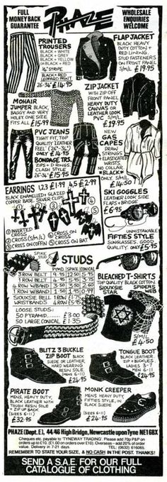 80's goth catalog - look at the prices! Had loads of clothes by phaze. They were small fittings though Goths 80s, 80s Goth Fashion, Goth 80s, Gothic Outfit, Goth Metal