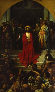 a painting of jesus walking down the steps to his family and other people behind him