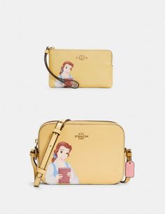 2PC SET DISNEY X COACH BELLE BEAUTY & THE BEAST -  Disney X Coach Mini Camera Bag With Belle Im/Vanilla Cream Multi Refined pebble leather Two credit card slots Inside multifunction pocket Zip closure Fabric lining Outside open pocket Adjustable strap with 23" drop for shoulder or crossbody wear 7 1/4" (L) x 5 1/4" (H) x 2" (H) Style No. C3404 NEW WITH TAGS IN FACTORY PACKAGING  + Disney X Coach Corner Zip Wristlet With Belle Im/Vanilla Cream Multi Refined pebble leather Two credit Weird Purses, Disney Princess Theme, Disney Wallet, Coach Disney, Disney Purse, Belle Beauty And The Beast, Disney Bags, Beauty Corner, Belle Beauty