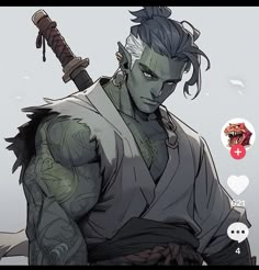 Half Orc Samurai, Half Orc Dnd Male, Handsome Orc, Dnd Goblin Character Design, Male Goblin Art, Orc Man, Half Orc Dnd, Dnd Half Orc, Orc Character Design