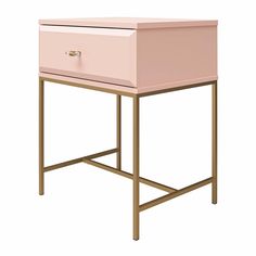 a pink nightstand with gold legs and a drawer on the top, against a white background