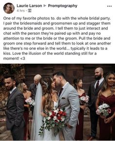 the bride and groom are kissing in front of their wedding party