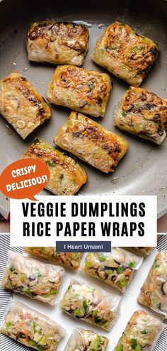 vegetable dumplings and rice paper wraps on a plate with text overlay that reads veggie dumplings rice paper wraps