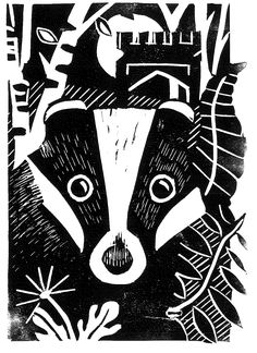 a black and white drawing of a raccoon