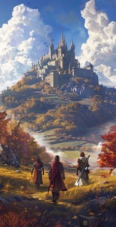 a painting of two people standing in front of a castle on top of a hill