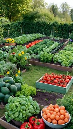 a garden filled with lots of different types of veggies and fruits next to each other