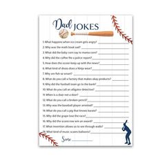 a printable baseball game with the words dad jokes and an image of a bat