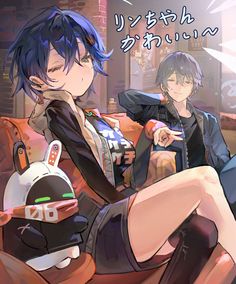 two anime characters sitting on a couch together