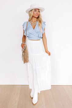 - Say in the summer breeze with this flowy maxi skirt! - Fully lined material - A stretchy elastic waistline - A flowy silhouette that ends in a maxi skirt length hemline Measurements S : Hip 36", Length 36.5", Waist 27". M : Hip 38", Length 36.5", Waist 29". L : Hip 40", Length 37", Waist 31". Flowy Maxi Skirt, Flowy Maxi Skirts, Summer Breeze, Skirt Length, Maxi Skirt, Elastic, Skirt, White