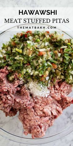 a bowl filled with meat and vegetables on top of a marble counter next to the words,